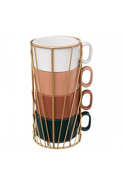 5FIVE Set de 4 căni Call, ceramică, suport metalic, 12 x 22,5 cm, 250 ml
