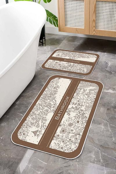 Argento Machine Washable Non-Slip Base Modern Patterned Brown 2-Piece Bath Mat Set 60X90+40X60