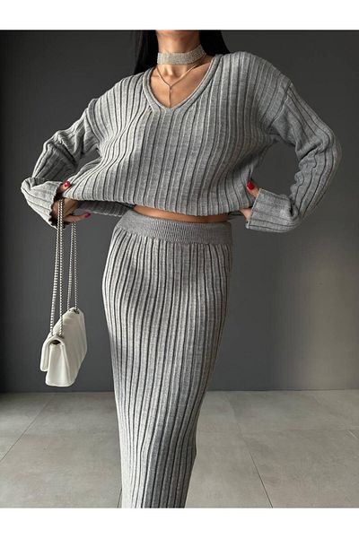 NZL TEKSTİL Dgn's''Teacher Collection'' 2-Piece Sweater-Skirt Set with Collar