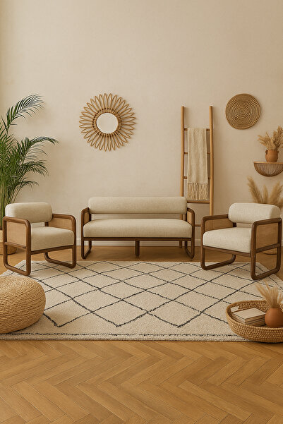 Zem Alaves Hazeran Jüt Çay Seti Ceviz Ahşap,sütlü Kahve (1 ADET IKİLİ BERJER 2 ADET TEKLİ BERJER)