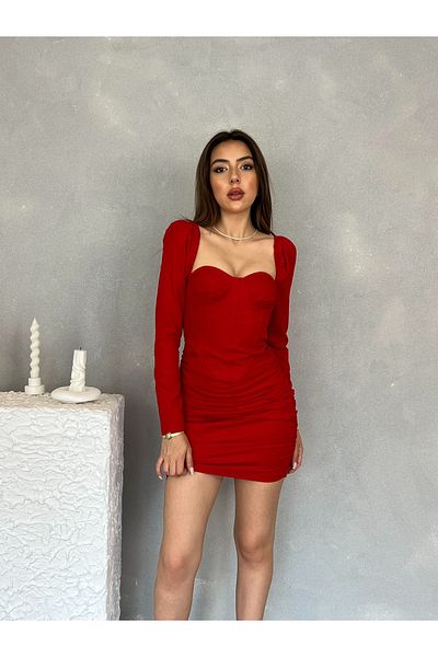 Nesil Women's Pleated Bust Long Sleeve Mini Dress