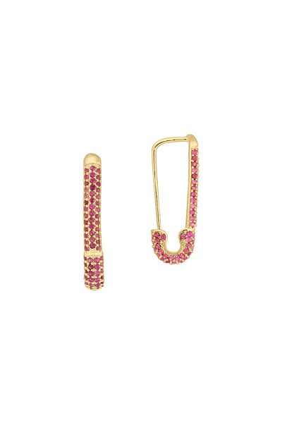 ohmygod jewelry Safety Pin Earrings in Gold-Plated Silver with Pink Zirconia Crystals, 15 mm - Pink Pin