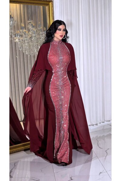 ZENABİYEM Zena Fashion Taş Baskı Pelerinli Tesettür Abiye Elbise