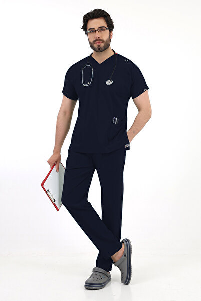 TİJA بدلة زي طبيب ممرضة من الليكرا باللون الأزرق الداكن برقبة على شكل حرف V و...