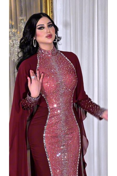 ZENABİYEM Zena Fashion Taş Baskı Pelerinli Tesettür Abiye Elbise