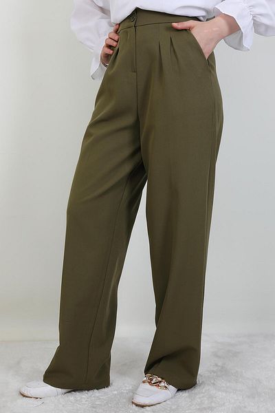 GİYZAMİLA Elastic Waist Button Trousers Khaki