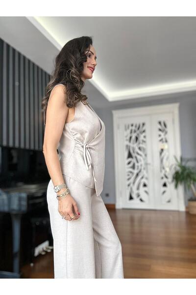 Atelier Derin Beige Linen Trousers Wrap Vest Suit