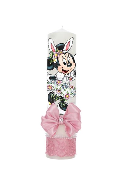 Recostore Set botez fete, culoare roz pudrat, model Minnie Mouse, trusou, rochie cu trena si lumanare, REC3194
