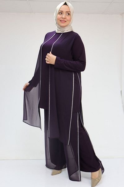 Eslina 47048 Σετ παντελονιού Sandy-Chiffon με λεπτομέρεια από πέτρα σε μεγάλο μέγεθος - Plum