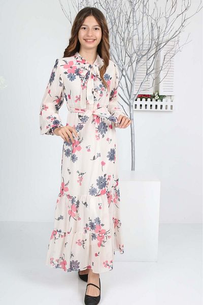 FMN Collection Girl's Lined Full Length Patterned Dress, Stylish and Comfortable
