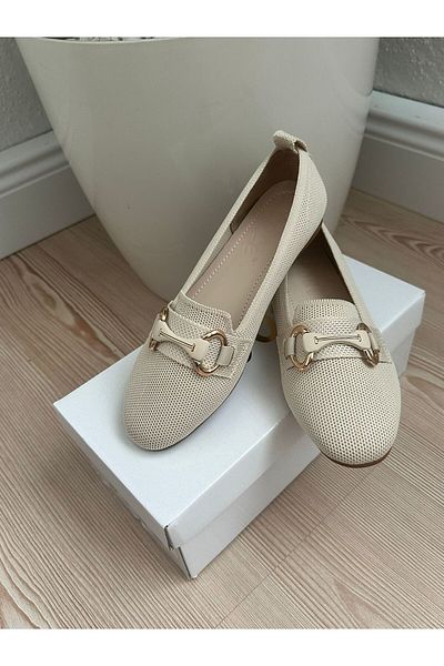 ZİESCE Women's Beige Gold Buckle Detail Tricot Ballet Shoes