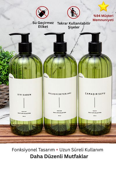 homence Liquid Soap Dishwashing Detergent Washing Water Labeled Plastic 3-Piece Green Bottle 500ml