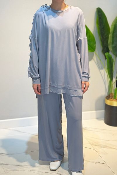 Ceremony Single Handle Ruffle Chiffon and Pearl Detail Sandy Pants Suit 59109 Gray