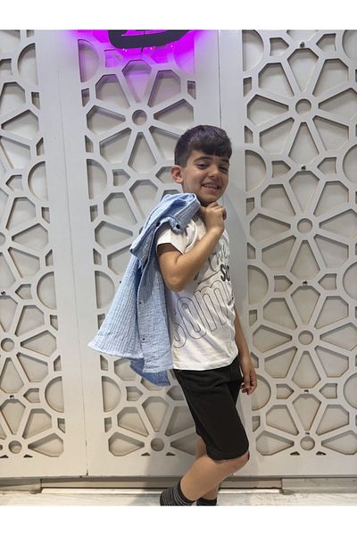 KUMRUNUN DÜNYASI Muslin Shirt Short Sleeve T-Shirt and Black Denim Shorts 3-Piece Bottom Top Men's Set