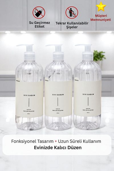 homence Set of 3 Plastic Bottles with Clear Soap Dispenser - 500 ml