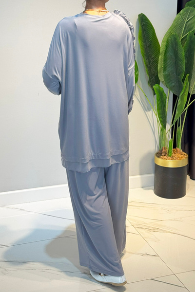 Ceremony Single Handle Ruffle Chiffon and Pearl Detail Sandy Pants Suit 59109 Gray