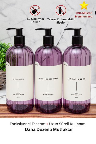 homence Liquid Soap Dishwashing Detergent Bleach Sticker Plastic Bottle Kitchen Set of 3 Purple Soap Dispenser 500ml