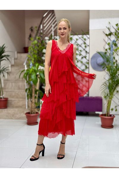 Punta Otantik Nc61460 Italian Strap Neckline Sequin Ruffle Silk Dress Red