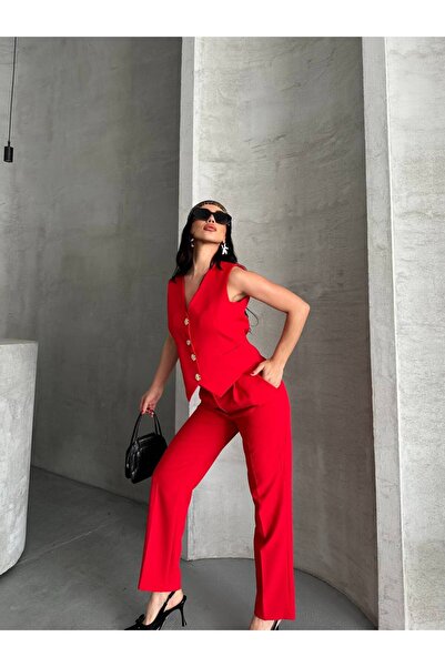 Bella Breeze Kadın Alt Üst Takım Şık Taş Düğme Detaylı Premium Yelek Pantolon İkili Takım Elbise