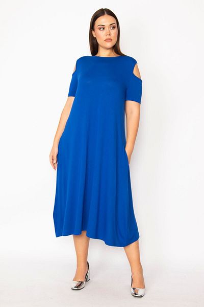 Şans Women's Large Size Sax Shoulder Low-cut Viscose Dress 65n29520