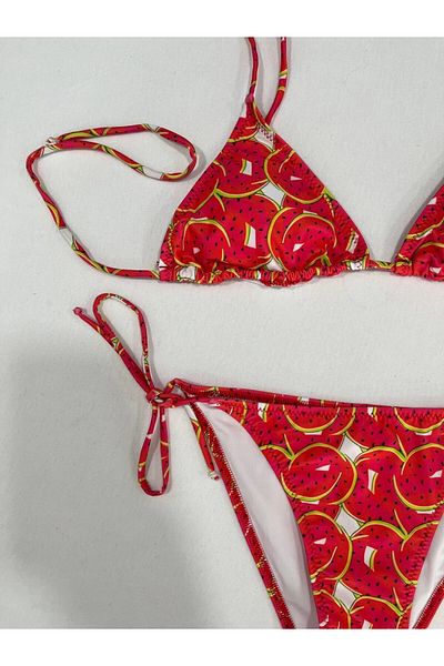 hazelin Women's Red Watermelon Pattern Halter Neck Tie Triangle Bikini Set Hzl25S-Lc5005