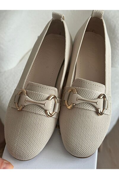 ZİESCE Women's Beige Gold Buckle Detail Tricot Ballet Shoes