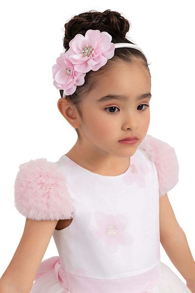 Pamina Elegant Dress for Girls, Pamina - with Pink Flowers Appliques, Matching Headband, 33319 - 92 cm