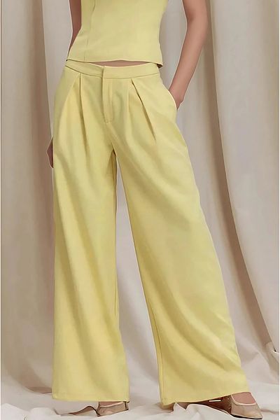 Hiccup Pleated Detailed Regular Waist Wide Leg Long Pants