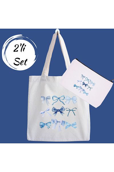 designedfy Blue Bow Campaign Set of 2 Cloth Bags and Makeup Bags