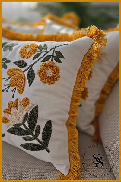 SasoHome Beauty Flowers Punch Embroidery Patterned Linen Throw Pillow Cover