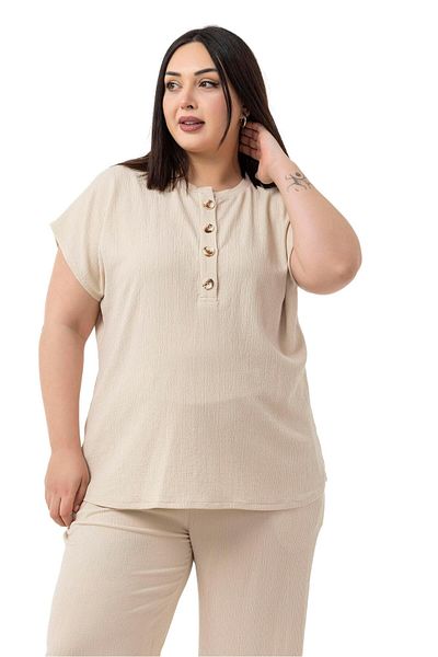 DISENTIS MODEST Plus Size Low Sleeve Blouse Pants Beige Color Two Piece Set