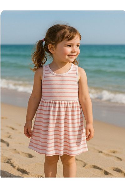 Uğur bebe Girls' Striped Combed Cotton Dress Stretchy Fleeciness Ecru and Dusty Rose Color Gilet Dress