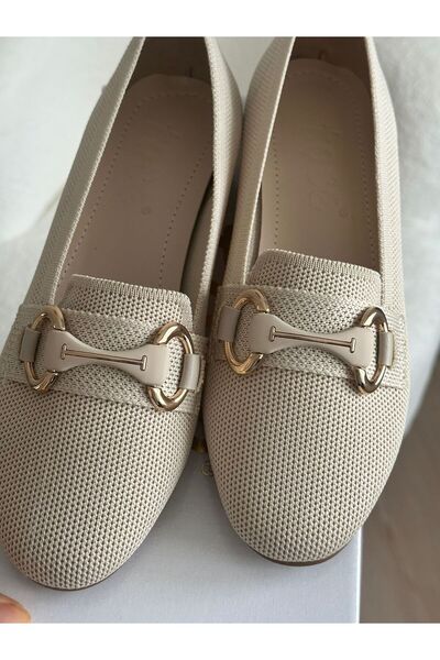 ZİESCE Women's Beige Gold Buckle Detail Tricot Ballet Shoes