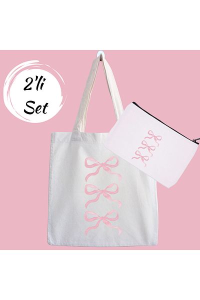designedfy Set of 2 Cloth Bags and Makeup Bags with Pink Bow Campaign