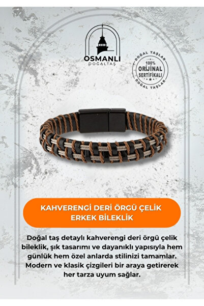 OSMANLI DOĞAL TAŞ Kahverengi Deri Örgü Çelik Erkek Bileklik
