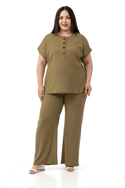 DISENTIS MODEST Plus Size Low Sleeve Blouse Pants Khaki Two-Piece Suit