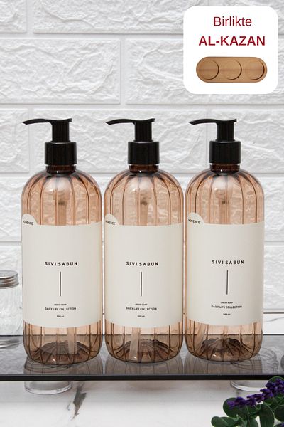 homence Plastic Bottle Set with Liquid Soap Label 3-Piece Light Brown Soap Dispenser 500 ml