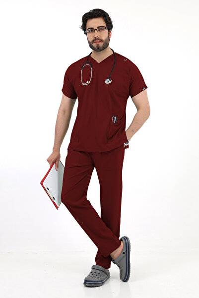 TİJA Bordo Likralı Dr Greys V yaka Yarasa Kol Doktor Hemşire Üniforma Takımı,...