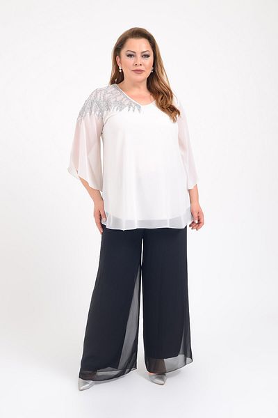 LİLAS XXL Plus Size White Color Chiffon V Neck Evening Dress Blouse