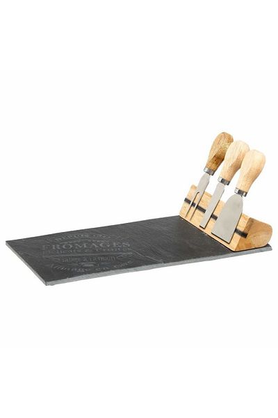Secret de Gourmet Set of 3 cheese knives + serving board, Secret de Gourmet, Stainless steel/Stone/Wood, Black