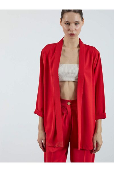 Coral Shawl Collar Midi Sleeve Jacket Red
