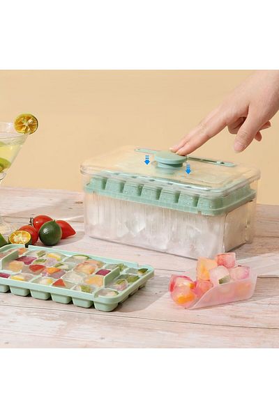 zola Ice cube tray with 2 molds (2x28 cubes), tray, lid, cup, 19x11.5x10.5 cm, mint green