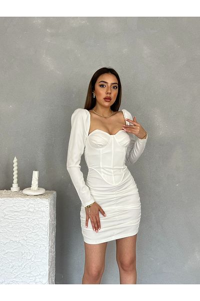 Nesil Women's Pleated Bust Long Sleeve Mini Dress