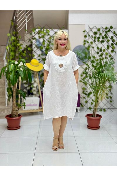 Punta Otantik Nc9015 Italian Floral Half Sleeve Linen Dress White