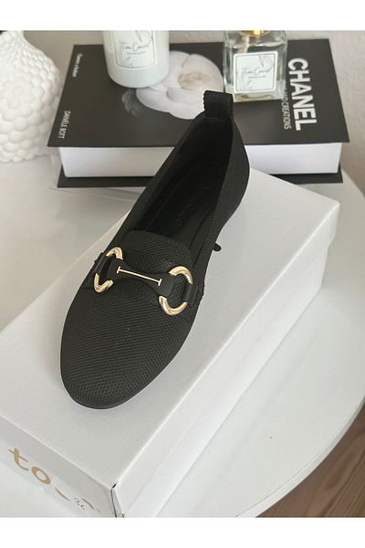 ZİESCE Women's Black Gold Buckle Detail Knitwear Ballet Shoes Model Code: to