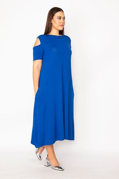 Şans Women's Large Size Sax Shoulder Low-cut Viscose Dress 65n29520