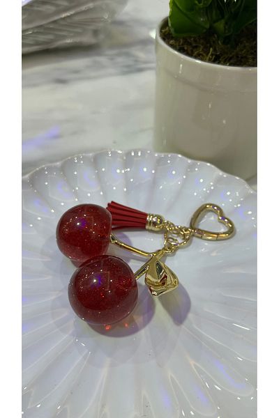 DUSK Glitter Cherry Gold Detailed Red Viral Bag Charm Bag Ornament/Keychain