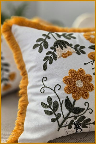 SasoHome Beauty Flowers Punch Embroidery Patterned Linen Throw Pillow Cover