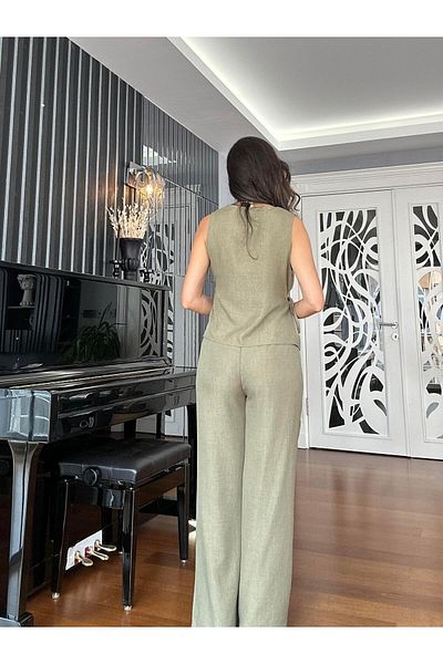 Atelier Derin Khaki Green Linen Trousers Wrap Vest Suit