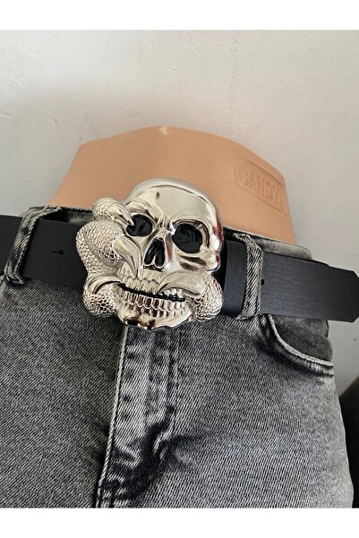 Aksabeltchokers Curea cu cataramă cu craniu punk mare de culoare argintie